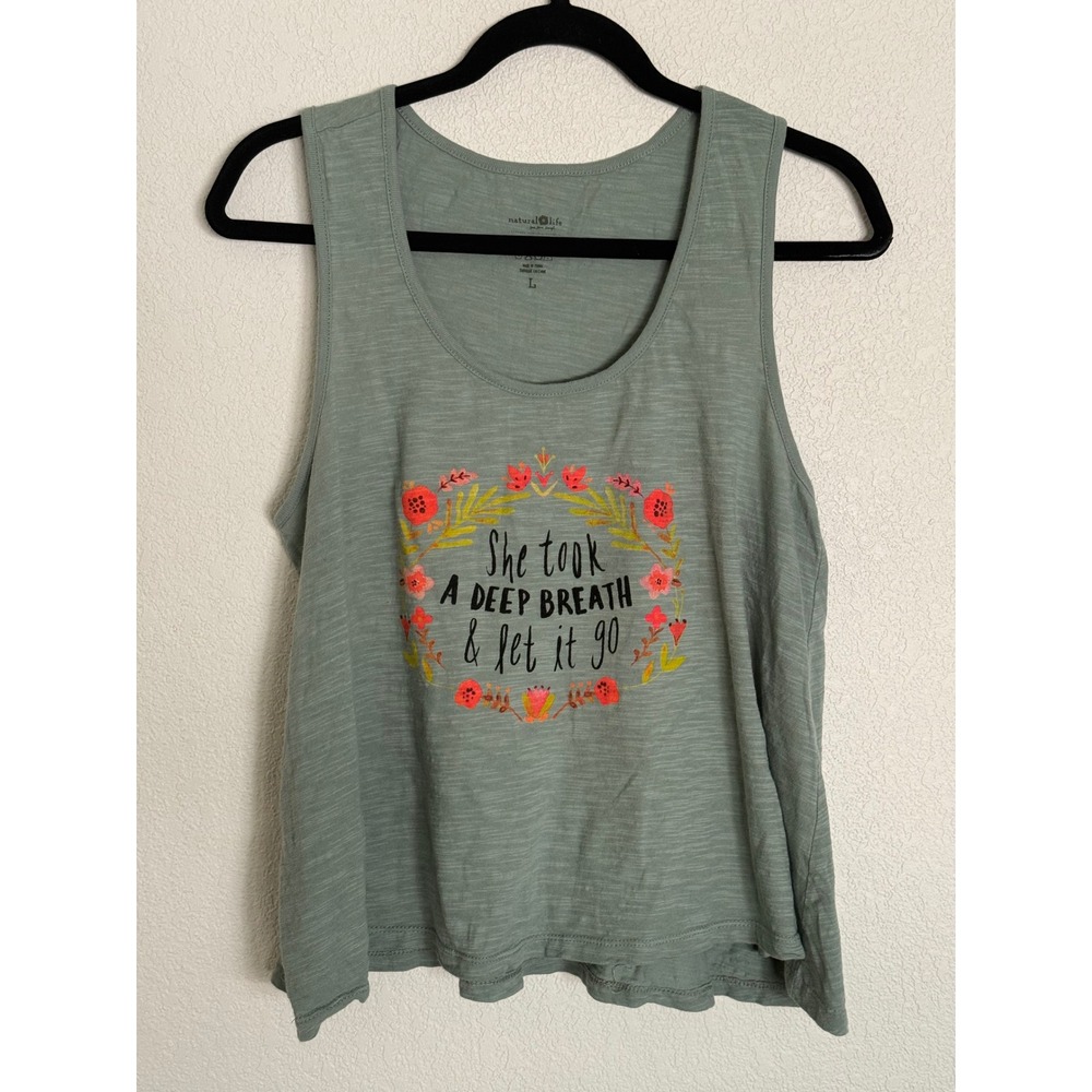 Natural Life Graphic Tank Top Sage Green Floral Deep Breath Cotton Slub Large